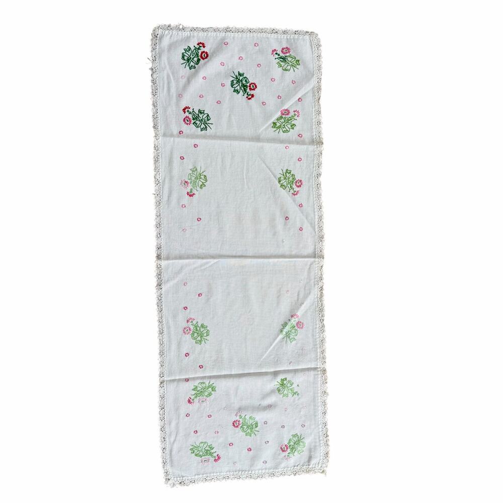 Vintage Embroidered Floral Dresser Scarf Table Runner 37x14